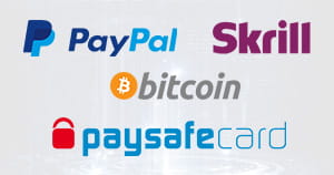 The logos of various payment services such as PayPal, Skrill and Bitcoin.